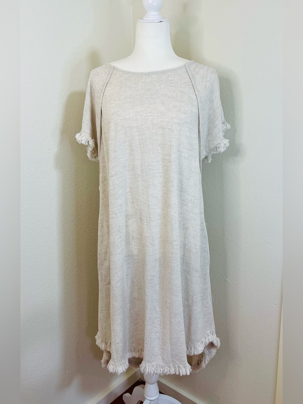 Umgee Linen Blend Short Sleeve Hi-Lo Fringe Dress in Otameal Color Size Large